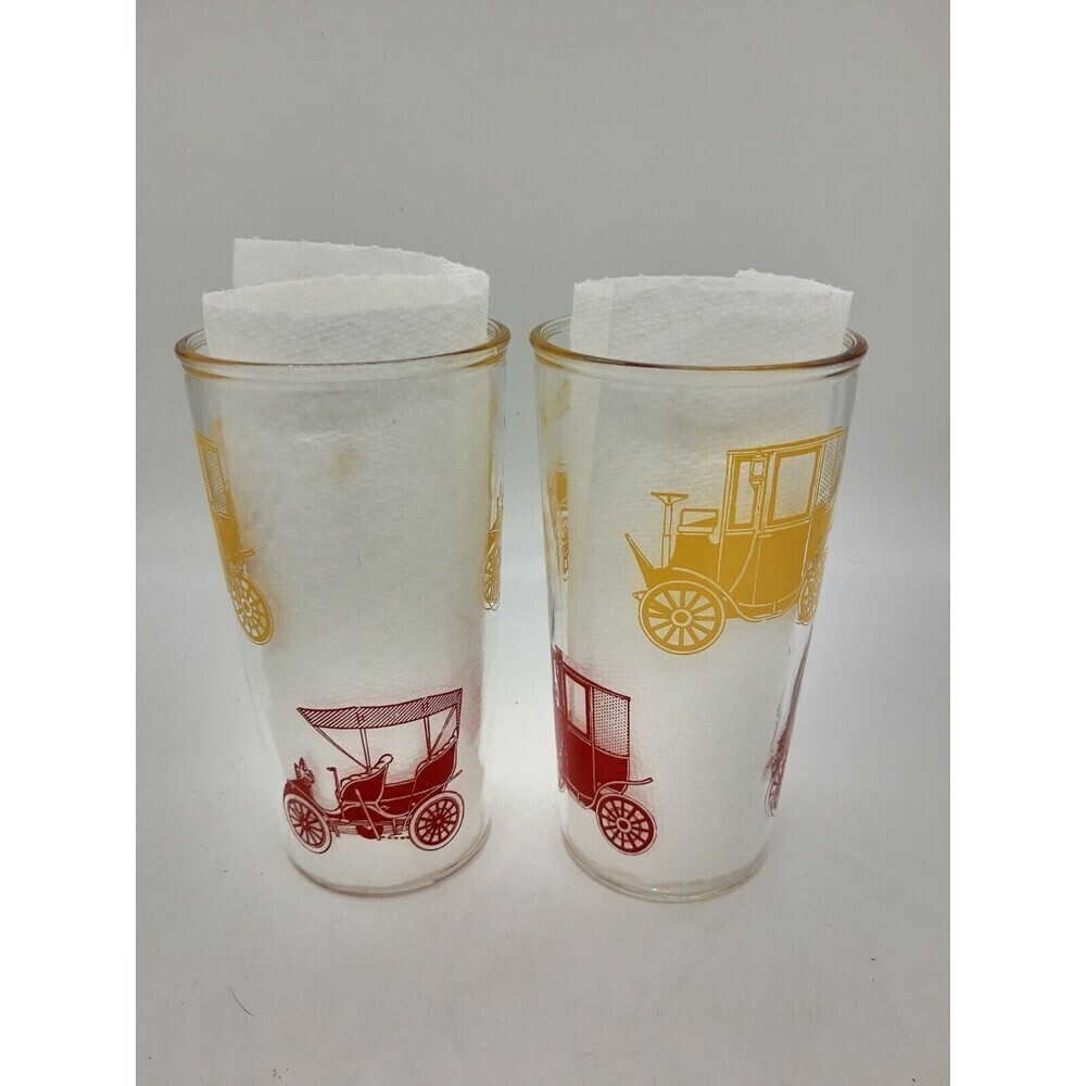 Broadway Vintage Drinking Glass W/Red & Yellow Antique Cars 5.75"T x 3"Dia